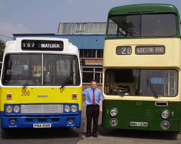 Shayne pictured with his old Leyland Leopard school bus to his right and a Chesterfield Daimler Fleetline, pictured in 2007