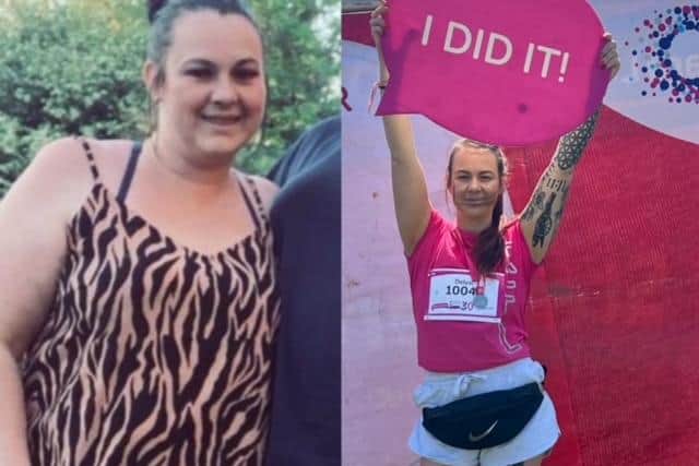 Delysia Oates, pictured before and after, her weight loss celebrates completing Race for Life Chesterfield.