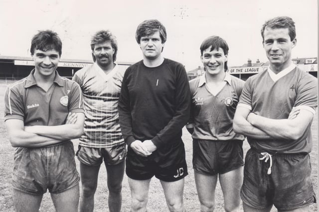 Chesterfield FC manager John Duncan (centre) with new signings, from left, Ollie Bernardeau, Andy Kowalski, Lee Coombes and Tony Coyle.