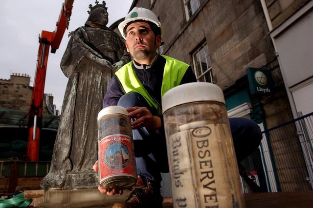 The statue of Queen Victoria was removed from the bottom of Leith Walk for restoration work, and workers found two time capsules filled with old newspapers dating from 1907.