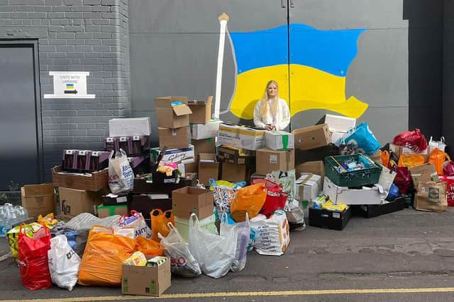 Sixth form student Amelia Thompson has been campaigning and fundraising for Ukraine at her school, Dronfield Henry Fanshawe School Dronfield. Seen with donated items for United for Ukraine.