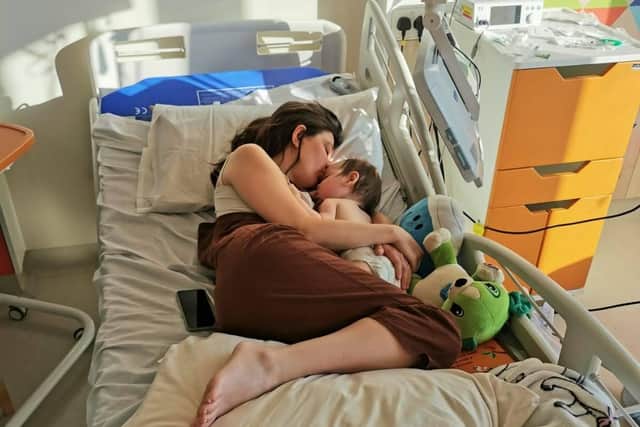 Ezra and his mum, Katy, during their hospital stay