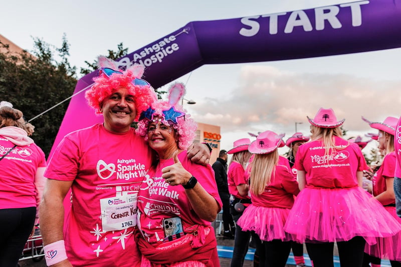 Mark and Sam Brailsford take part in the Sparkle Night Walk in memory of friends who have received care at Ashgate Hospice.