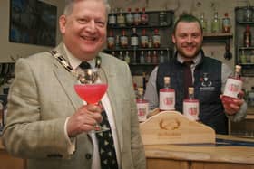 North East Derbyshire District Council chairman Martin Thacker launches his charity pink gin with Oliver Meakin, head distiller and blender of Derbyshire Distillery.