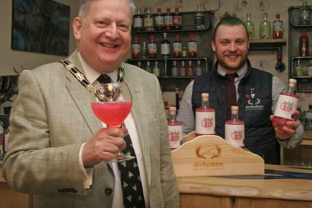 North East Derbyshire District Council chairman Martin Thacker launches his charity pink gin with Oliver Meakin, head distiller and blender of Derbyshire Distillery.