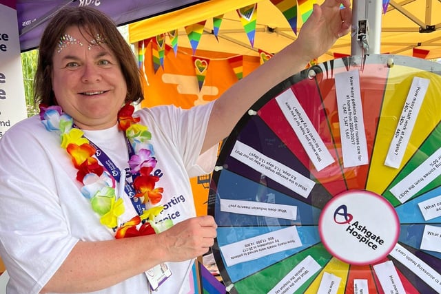 Ashgate Hospice had a stall at Chesterfield Pride. The hospice is working with Derbyshire LGBT+ to deliver inclusion and awareness sessions to their workforce, as well as decorating its site and shops in rainbow colours.