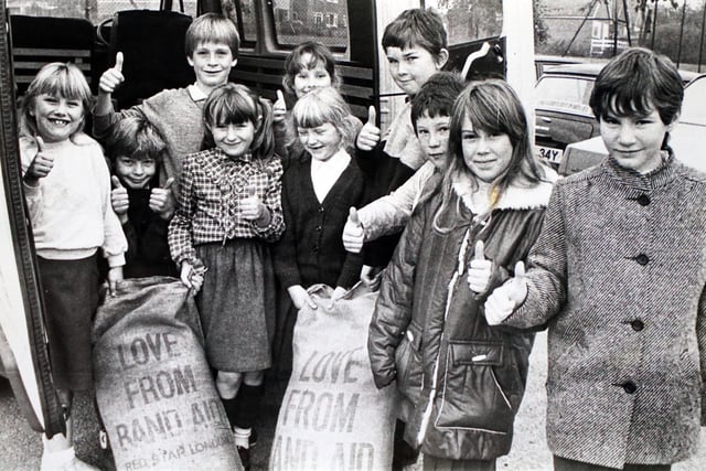 Swanwick pupils with famine-relief aid for Ethiopia in 1985.