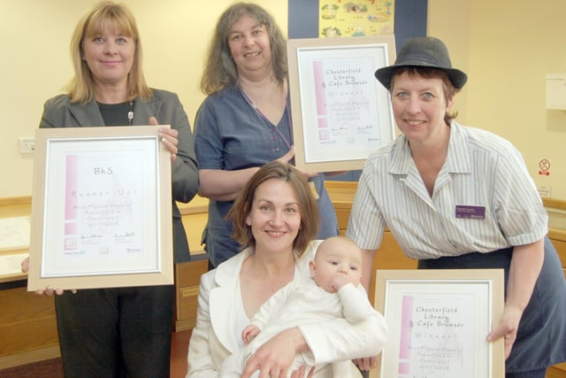 Best place to breast feed awards  l to r   Samantha Burr,Sue Ward, Carol Lunn, front Natascha Engel M P with baby Lukas in 2008