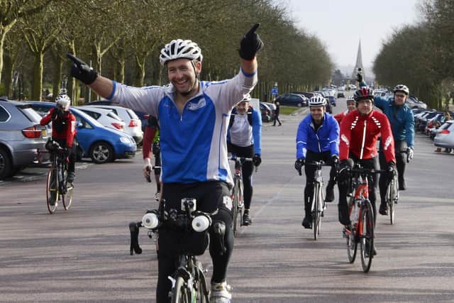 British adventurer James Ketchell finishing his cycling tour of the world at Greenwich Park