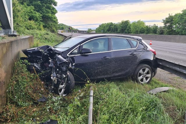 Police say the driver of this Vauxhall was saved by "car safety technology" after nodding off on the M1 while driving home in the early hours. 
They tweeted: "No injuries. Driver reported to court."