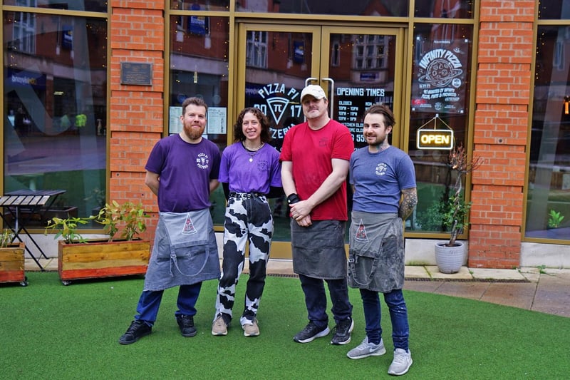 Pizza Pi staff outside their premises on Vicar Lane. Chris Brown, Tori Pearce, Craig Boden and owner Ricky Marples.