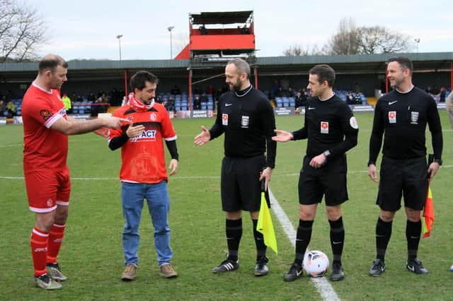 Cristóbal Novo Gonzalvo, second right, became Alferton’s mascot for the day, after traveled from Spain to the non-league football club for his stag party.