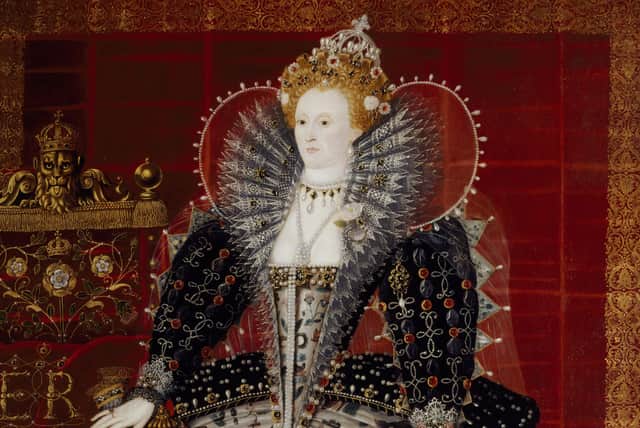 QUEEN ELIZABETH I, Studio of Nicholas Hilliard. 88 inches (inc 9 inch later extension below) x 66 and 1/2 inches (223x165 cm).Credit: Hardwick Hall/The Devonshire Collection (acquired through the National Land Fund and transferred to the National Trust in 1959)