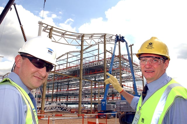 Geoff Cox (right), Health and Safety Executive Head of Operations, Construction Yorkshire and North East, and  Andy Hopwell, Project Manager for Bovis Lend Lease inspect the construction of the terminal building  at Robin Hood Airport Doncaster Sheffield back in May 2004