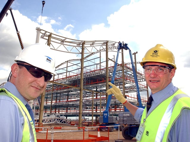 Geoff Cox (right), Health and Safety Executive Head of Operations, Construction Yorkshire and North East, and Andy Hopwell, Project Manager for Bovis Lend Lease inspect the construction of the terminal building at Robin Hood Airport Doncaster Sheffield back in May 2004