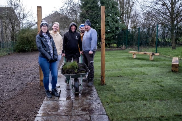 The new area has seen the 300 square metre site dug out, turfed, a pathway installed and a new summerhouse erected.  Alana Bowman, former PTA Secretary, Mr Mark Backhouse, Deputy Head Teacher, Mark Coxon, Wayne Cutts and Rob Peck from Easy Living Landscapes.