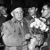 Pablo Picasso arriving at Sheffield Midland Station in 1950 for the World Peace Congress
