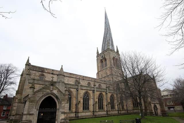 The drone passed close to Chesterfield's Crooked Spire.