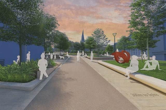 An artist's impression of the plans to transform the area between the town centre and Chesterfield Train Station.