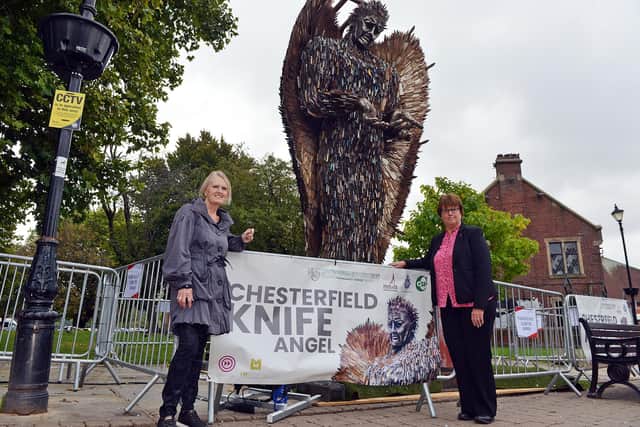 Councillor Tricia Gilby, Chesterfield Borough Council leader, and Jill Mannion-Brunt, cabinet member for health and well-being, are impressed by the monument. Picture by Brian Eyre.