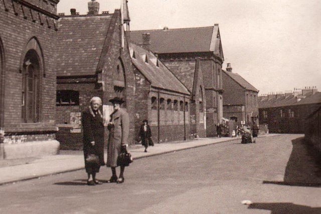 Church Close with the corner of St Hilda's Hall on the left, Church Close School, and Morrison Hall, in around 1940. Photo: Hartlepool Museum Service.