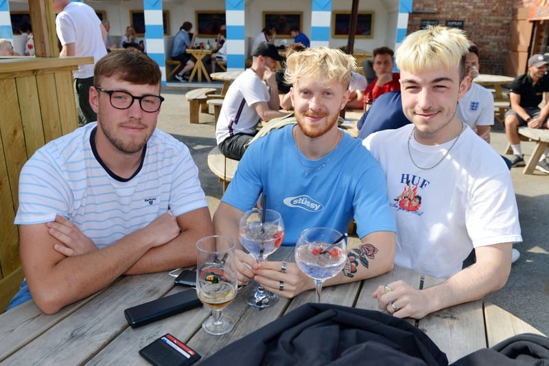 Fans in Chesterfield watch the England v Germany game at the Spotted Frog. Pictured are Kian Woodgeah, Cale Hood and Kane Warren.