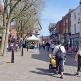 Chesterfield town centre busy in the spring sun.