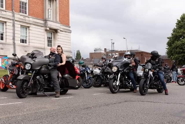 Kayleigh is escorted to her wedding ceremony by fellow members of the Chrome Hill chapter of Harley Davidson's Chesterfield HOG Chapter.