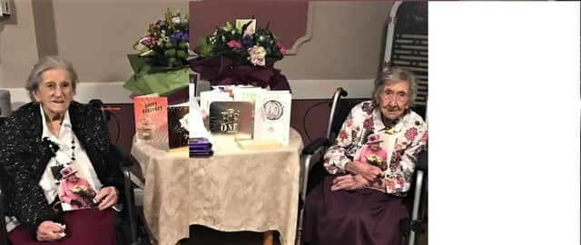 Marjorie Martin (left) and Edna Goodwin celebrate turning 100 years old together at Holmewood Care Home.