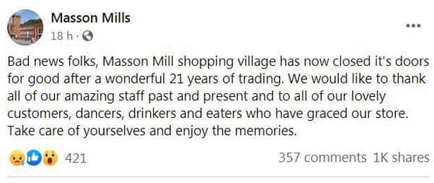 The Facebook post announcing the shopping village's closure.