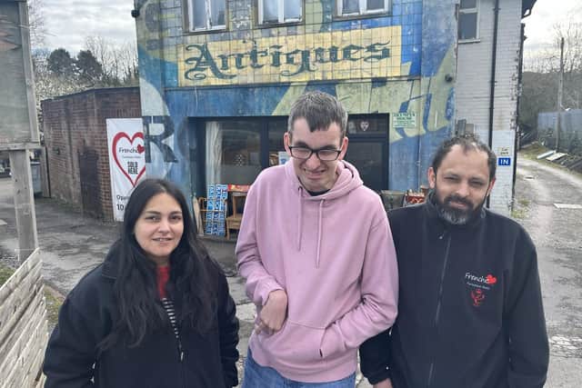 Sofia Brown, volunteer Matt Begley and Amjad Latif at Chesterfield's Olympia House Antiques Centre, which celebrates its 10th anniversary this year