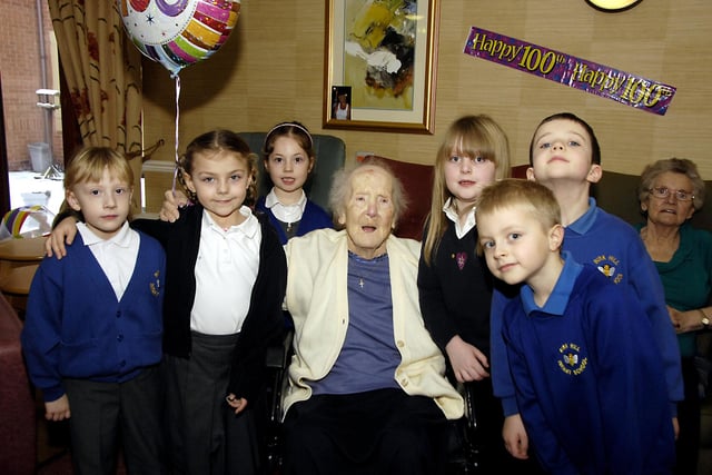 Six pupils from Birk Hill Infants and Nursery School came to sing to Gertrude Allport who celebrated her 100th Birthday at April Park Nursing Home in 2010.