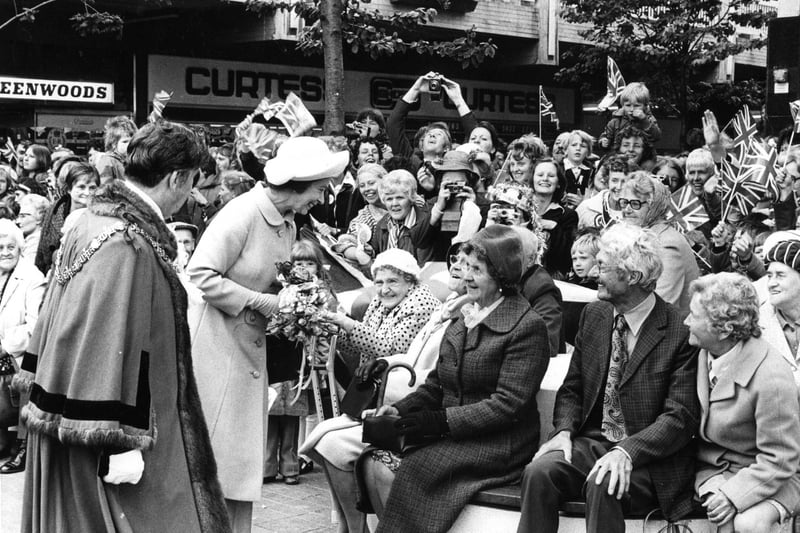 Queen Elizabeth II on walkabout in Middleton Grange shopping centre in 1977.