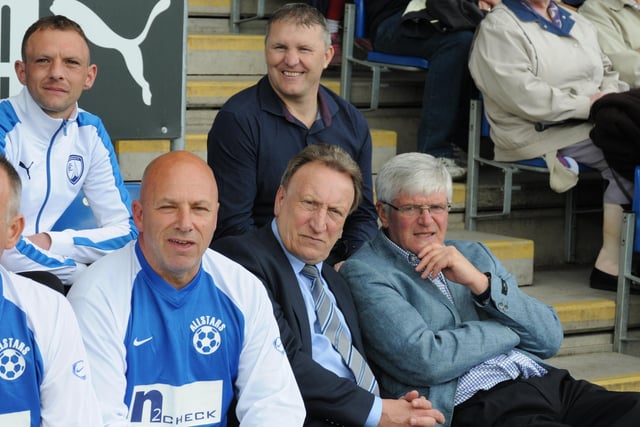 John Duncan, alongside Dave Caldwell and Neil Warnock, enjoy watching a game paying tribute to club legend Ernie Moss.