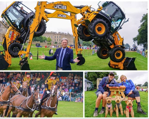 Alan Titchmarsh, president of Chatsworth Country Fair with the JCB Dancing Diggers; The King's Troop Royal Horse Artillery; Brian and Val Weston with their dogs.