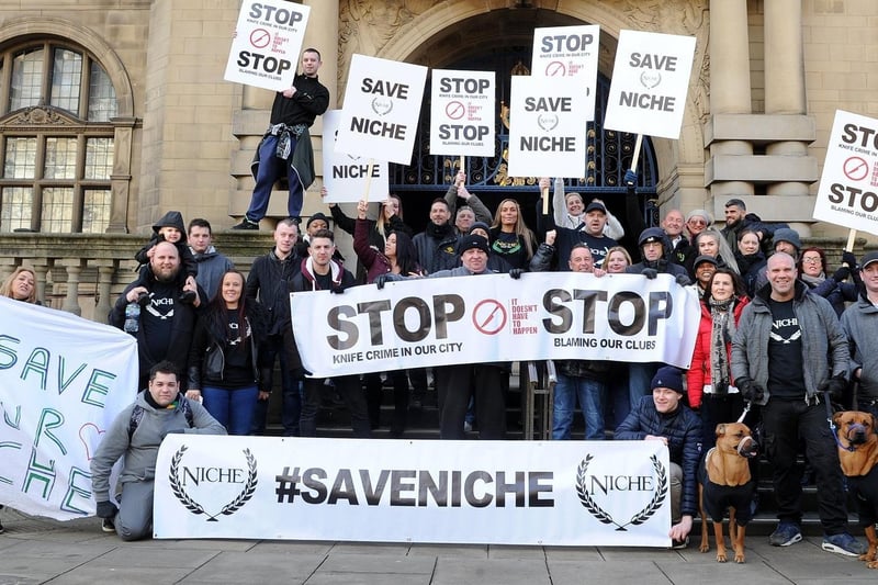 Protesters outside Sheffield Town Hall in support of Niche nightclub in 2018, when it was forced to close at its new home on Walker Street because of a knifing incident outside