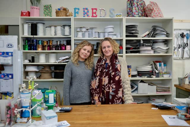 Emily Sutton and Emily Lord preparing to reopen at Chesterfield shop Fred's Haberdashery.