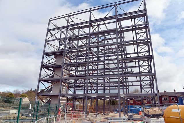 The steel frame of One Waterside Place, a seven-storey office block at Chesterfield Waterside, is complete.