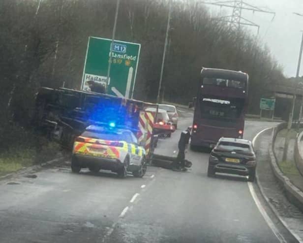 Officers received reports of a collision on the A61 junction with the A617 near to the Hornsbridge roundabout in Chesterfield at around 2.30pm on Wednesday, February 21. The incident involved a lorry which was on its side.