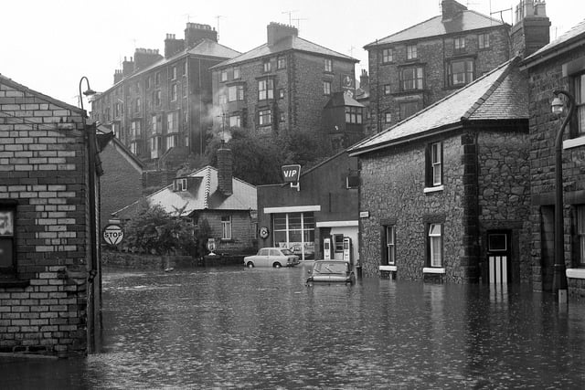 The junction of Charles Street and Lightwood Road in Buxton under water after flooding in 1973