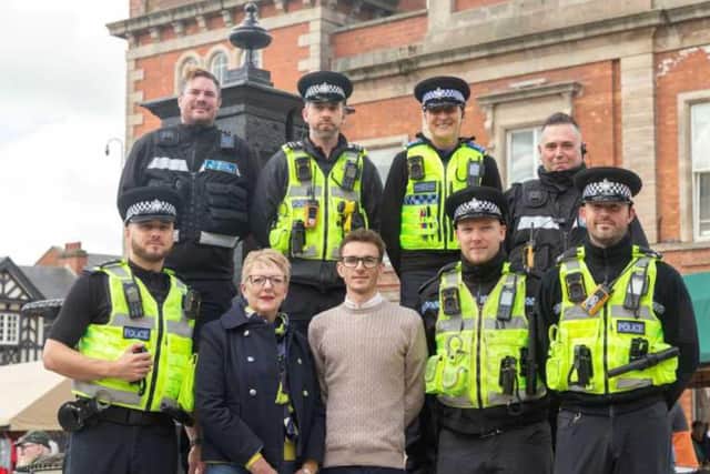 Officers from Chesterfield Town Centre Safer Neighbourhood Team with Inspector Joshua Carter (front left), Councillor Kate Sarvent, William Bland, Community Safety Coordinator (front centre) and Council Community Safety Officers.