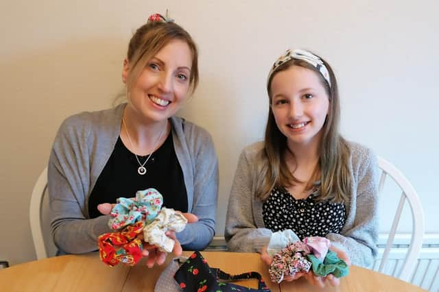 Lucy Kelley with her mum Sarah and homemade scrunchies.