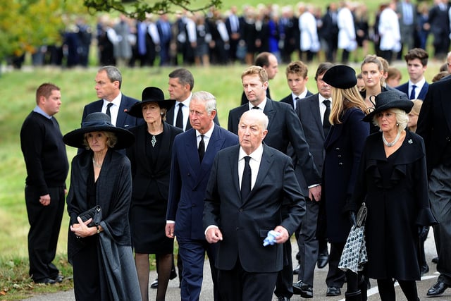 Prince Charles with the Duke of Devonshire at the Dowager Duchess of Devonshire's funeral at Chatsworth.