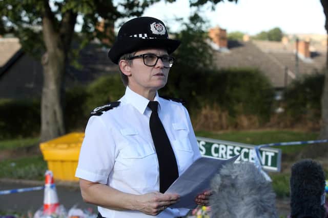Chief Constable Rachel Swann of Derbyshire Police addressing the media at the murder scene at Chandos Crescent yesterday
