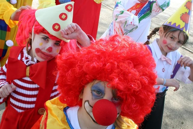 Shannon Hoggins, Casey-Jay Kellett and Olivia Kirk at Grassmoor Primary School's clown tai chi for Comic Relief in 2007.