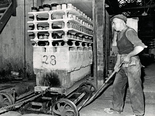 Pearsons of Chesterfield pottery. Stoneware emerging from the kilns, 1973.