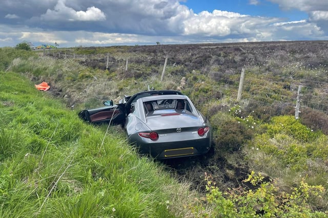 This stolen Mazda crashed after driving through a police stinger near Hathersage.
Police said the car was thieved the night before and its occupants were "out for a drive" when they met with officers. 
They tweeted: "Stinger deployed, fails to stop and crashes shortly after. Both occupants arrested. #Crime #HedgehogsRevenge #NoTalent".