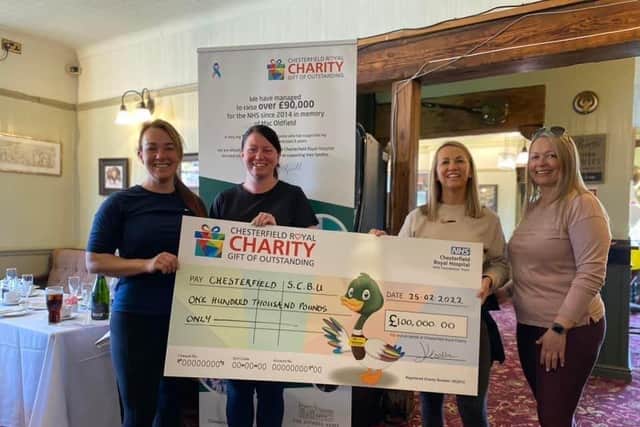 Mandy Cormican, Rebecca Watts, Jo-Anne Oldfield and Lindsey Shaw present the cheque to Chesterfield Royal Hospital NHS Foundation Trust.