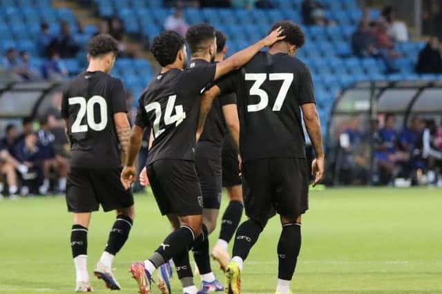 Chesterfield celebrate one of their late goals in the 3-2 pre-season defeat at FC Halifax Town