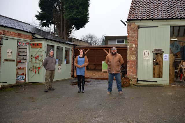 Thomas Taylor, historical ropemaker, Sarah Smith and Damion Smith, of Ethos Upcycling, at Old Bolsover Yard.